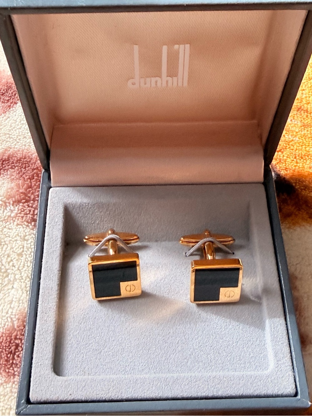 Dunhill Black and Gold Square Cufflinks with Logo Accent